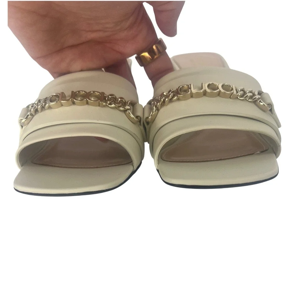 Gucci Signoria Slide Sandals White Leather Chain Heels Size 38